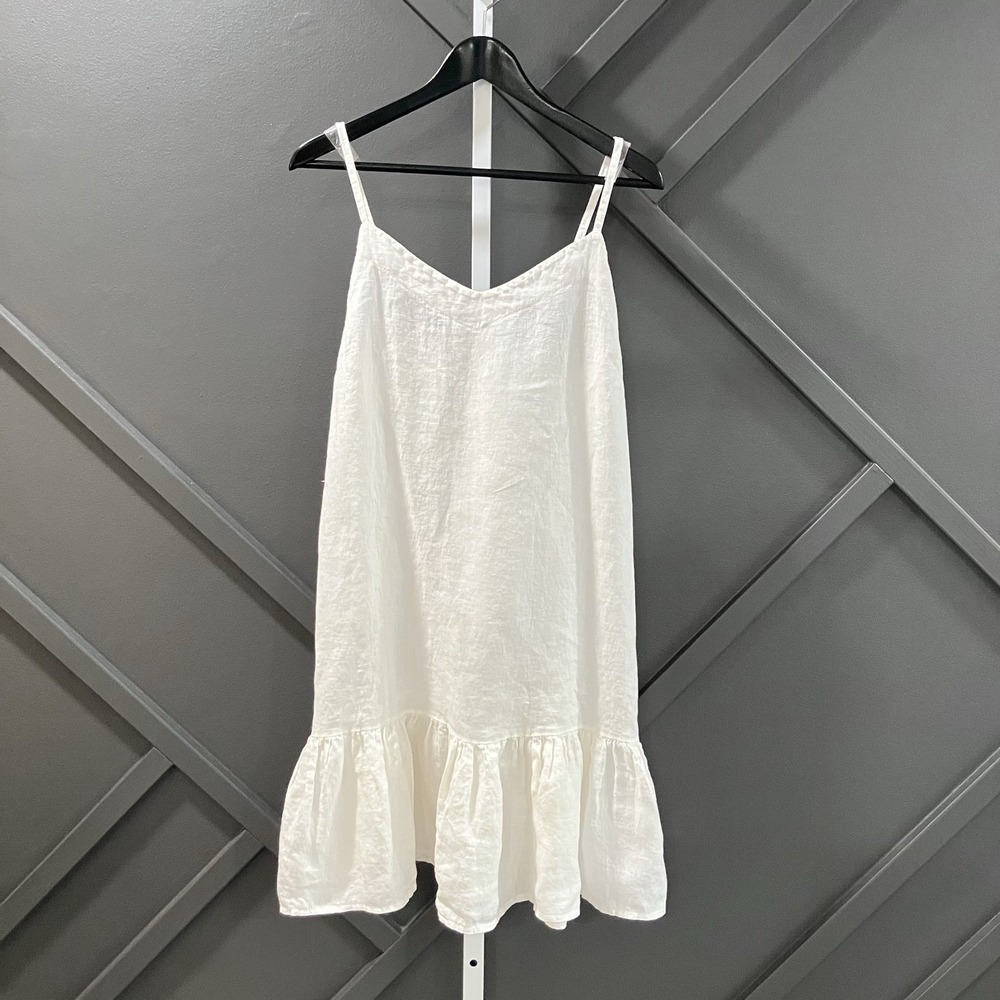 Bellambia Italy 100% Linen White Spaghetti Strap Ruffle Hem Dress Womens L